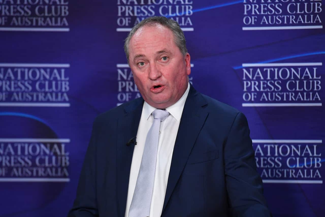 Deputy Prime Minister Baraby Joyce addresses the National Press Club via AVL from The Blue Room at Parliament House in Canberra, Friday, September 3, 2021. (AAP Image/Mick Tsikas) NO ARCHIVING