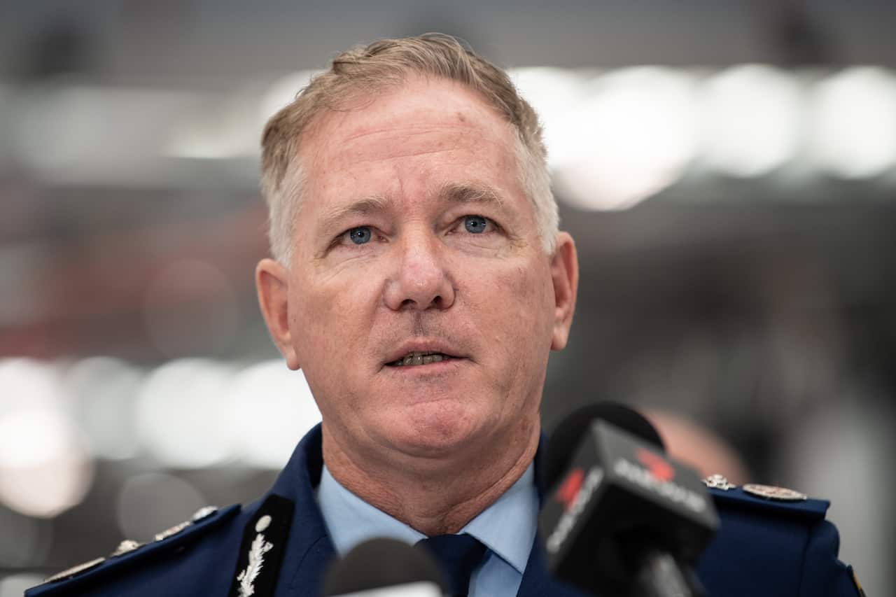 NSW Police Commissioner Mick Fuller at a Police Helicopter Commissioning Ceremony at Bankstown Airport in Sydney, Tuesday, October 26, 2021. 