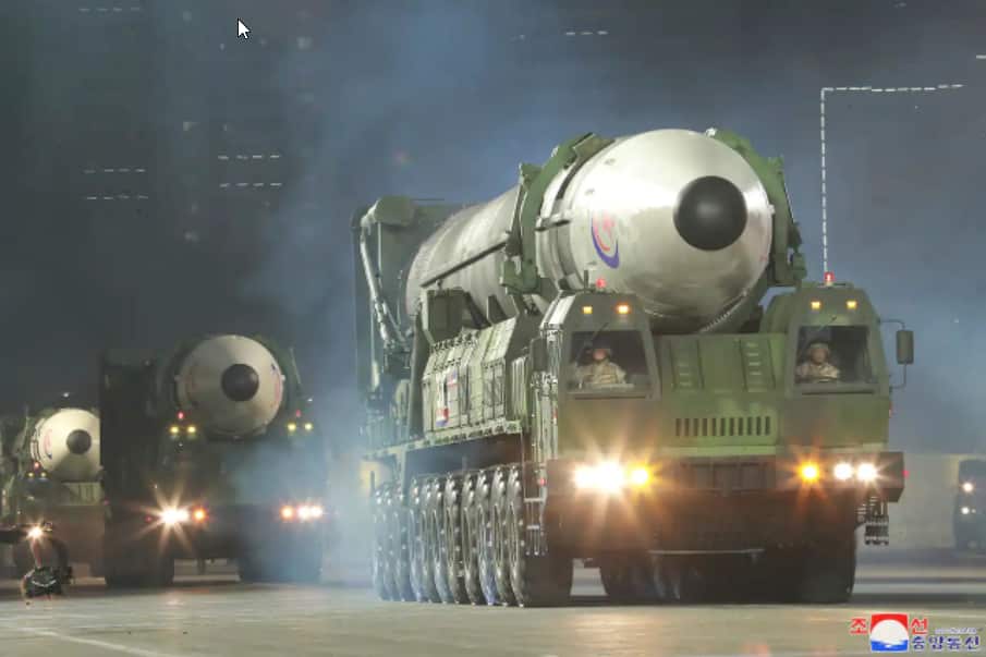 This photo shows what it says is a newly built intercontinental ballistic missile, the Hwasong-17 during a military parade.
