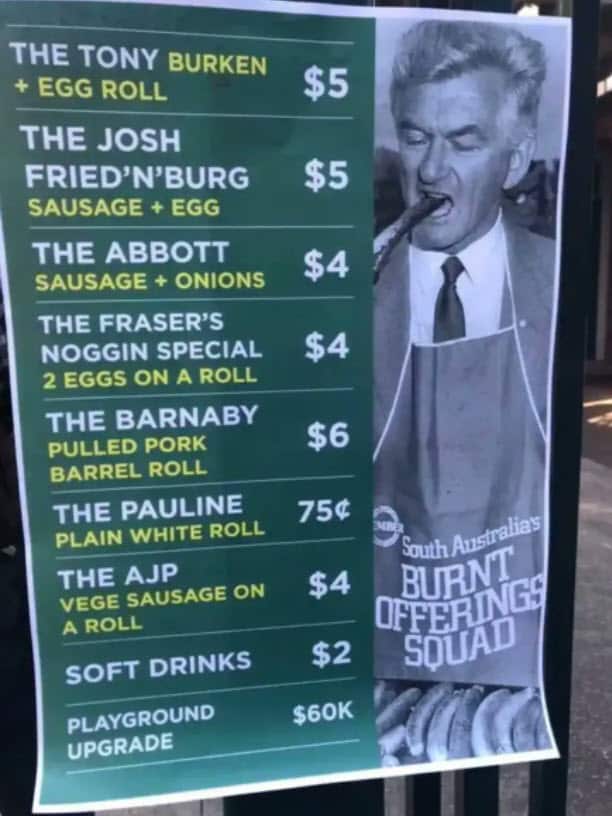 A poster listing the offerings from a stall at a previous election shared by the @DemSausage Twitter.