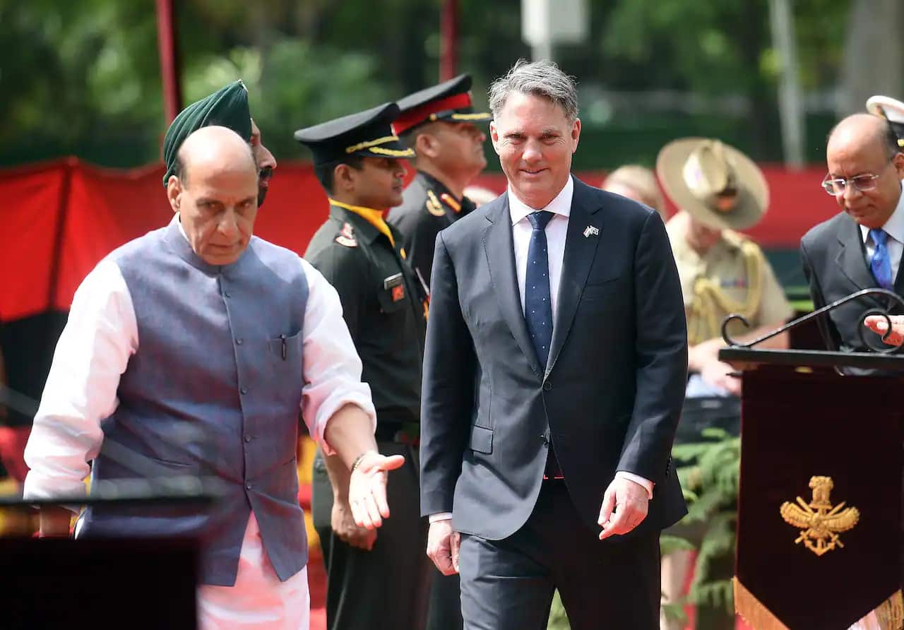 Richard Marles (right) is on a four-day visit to India where he has met with his Indian Defence Minister Rajnath Singh.