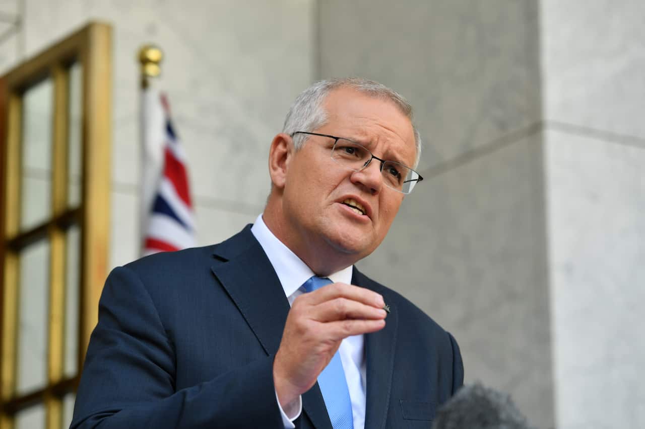 Prime Minister Scott Morrison speaks to the media announcing a 21 May election during a press conference at Parliament House in Canberra, Sunday, April 10, 2022. (AAP Image/Mick Tsikas)