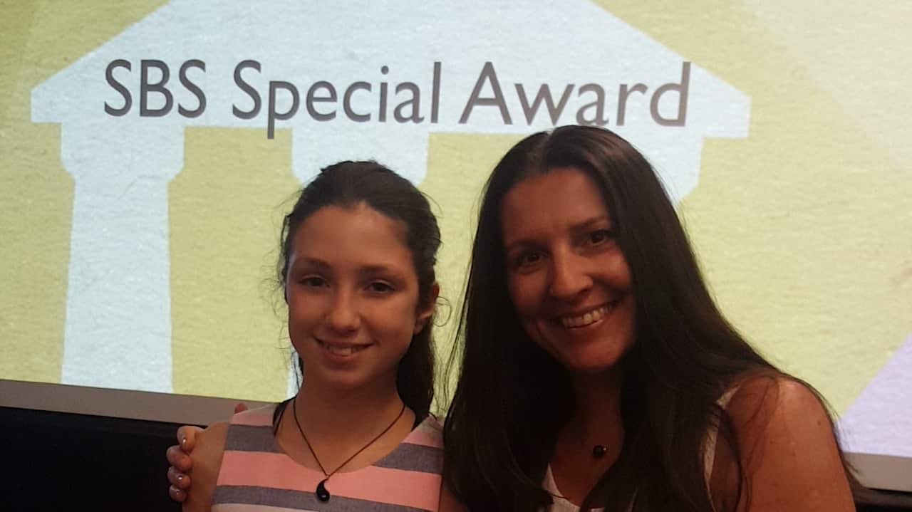 SBS National Language Competition winner Eirini Vergaki with 'Creative Drama & Arts' school's Drama teacher Katerina Poutachidou.