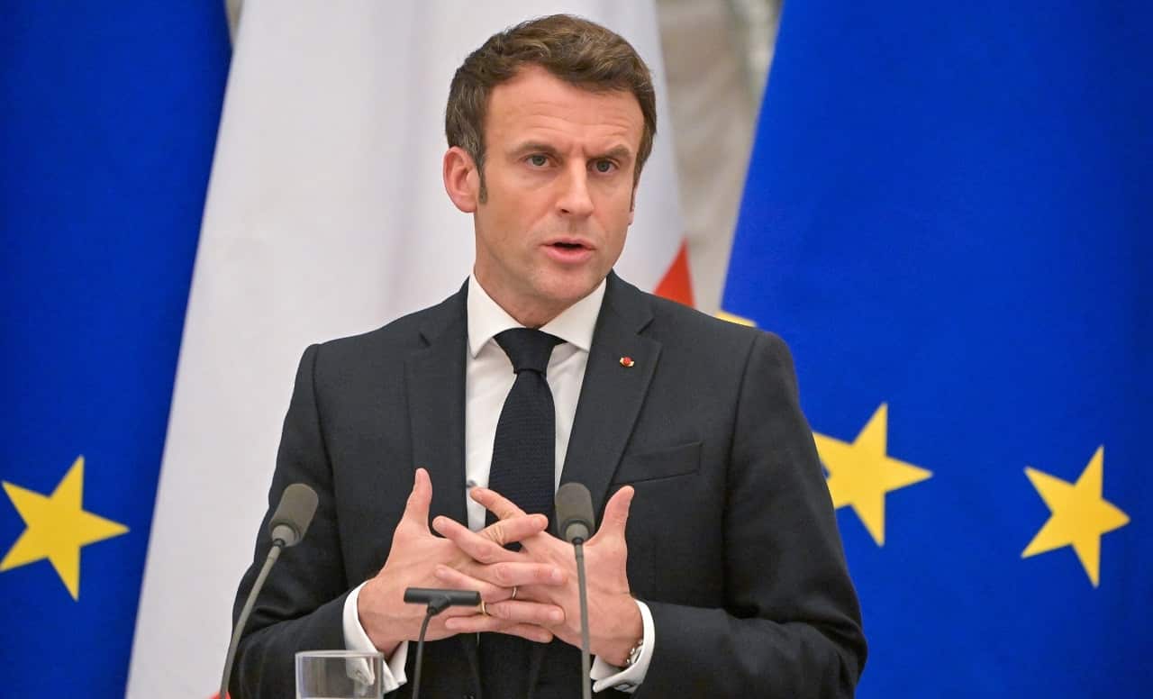 French President Emmanuel Macron with Russian President Vladimir Putin (not pictured) following their talks in the Kremlin in Moscow, Russia, 07 February 2022. 