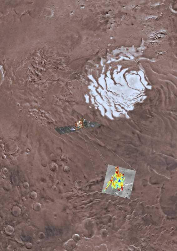 This artistic rendering shows the Mars Express Spacecraft probing Mars' south pole. Scientists say they've detected water beneath the surface of Mars, raising the possibility of life on that planet.