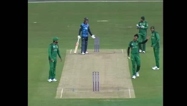 Pakistani bowler Hasan Ali after catching the ball during Pakistan and Kent match. (Screenshot via Kent Cricket website video)