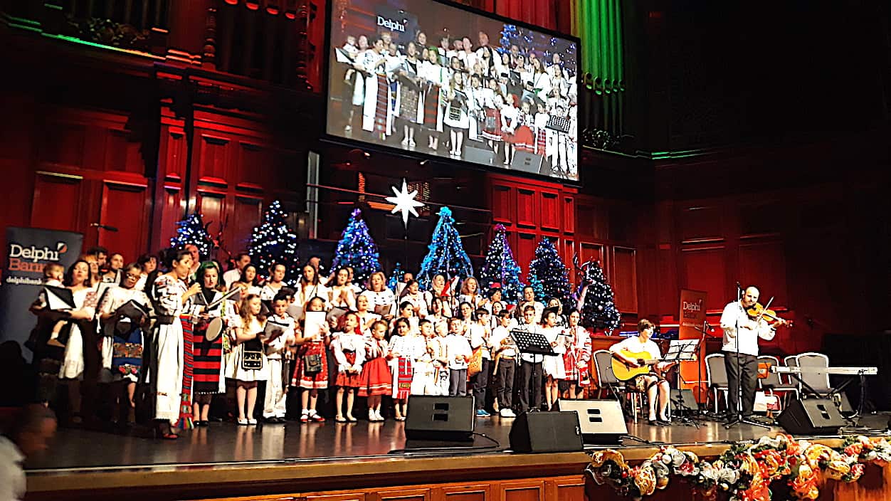 Traditional Christmas Carols in Greek, English and other languages, a combined Christmas celebration for all Parishes and Communities in Melbourne's Town Hall.