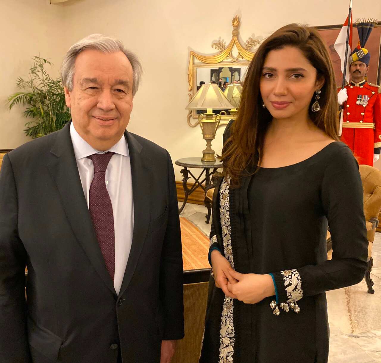 UN Secretary General António Guterres with goodwill ambassador Mahira Khan.