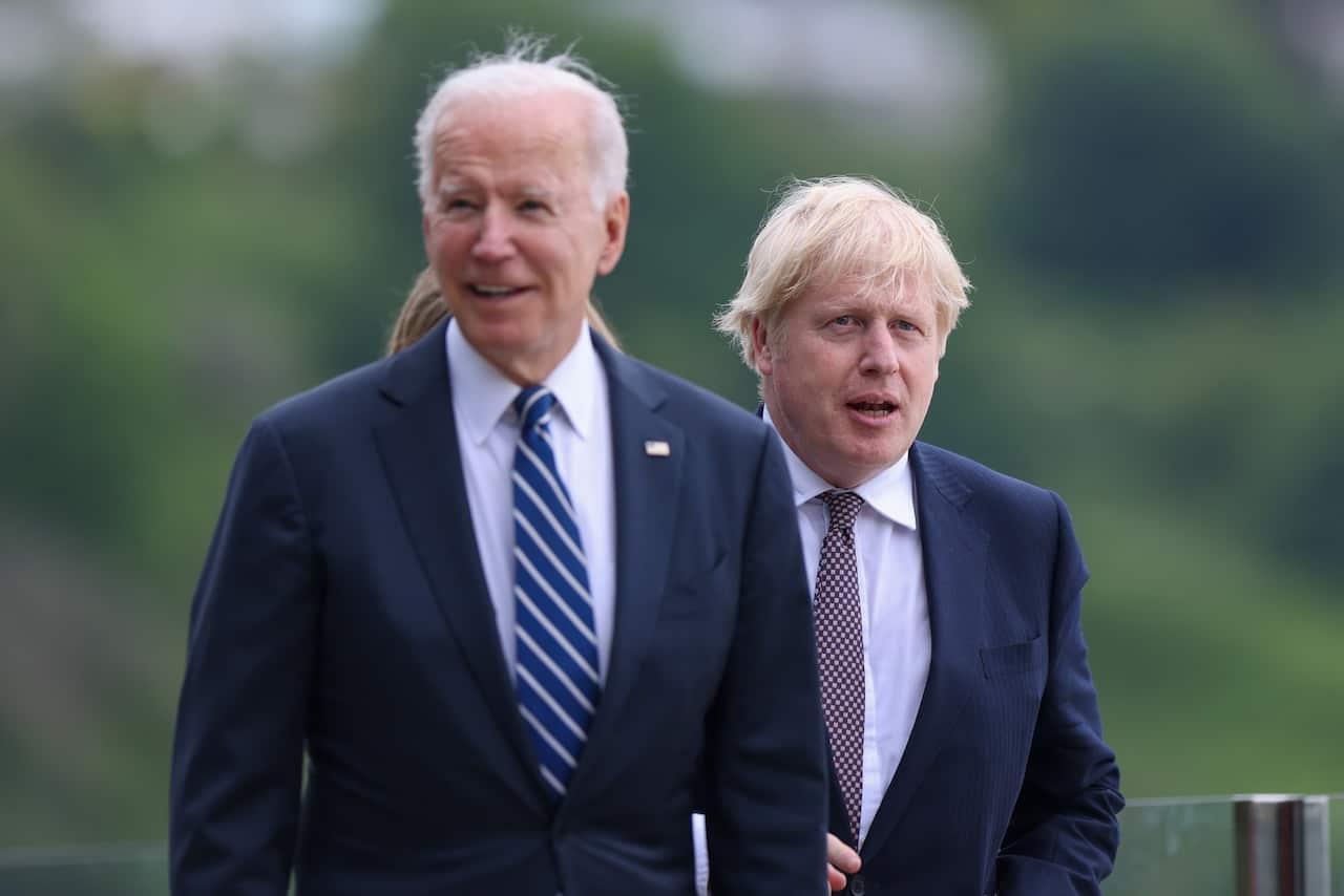 British Prime Minister Boris Johnson and US President Joe Biden during their bilateral meeting in Carbis Bay, Britain, 10 June 2021.