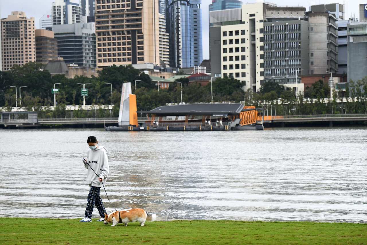 A woman walks her dog in Southbank during the last few hours of a lockdown in Brisbane.