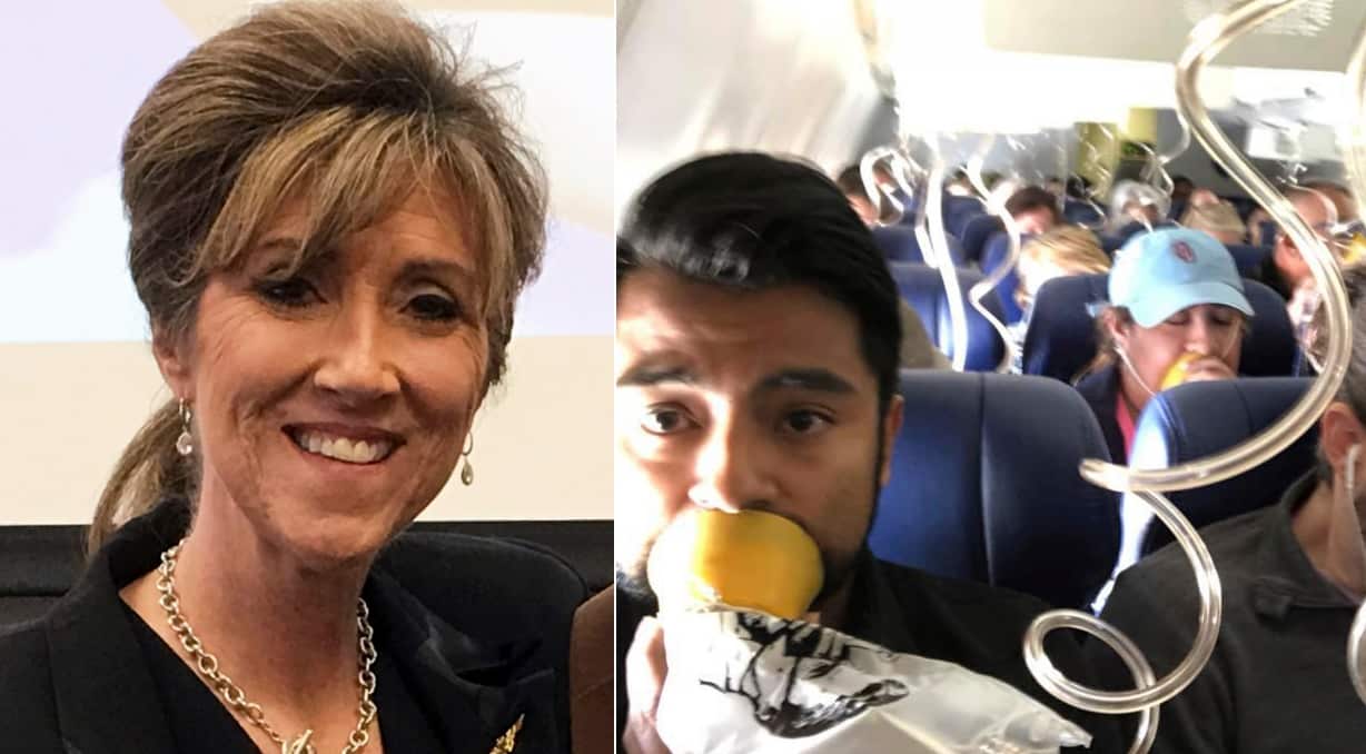 Combo image: Pilot Tammie Jo Shults and a photo provided by Marty Martinez, Martinez, of passengers after a jet engine blew.