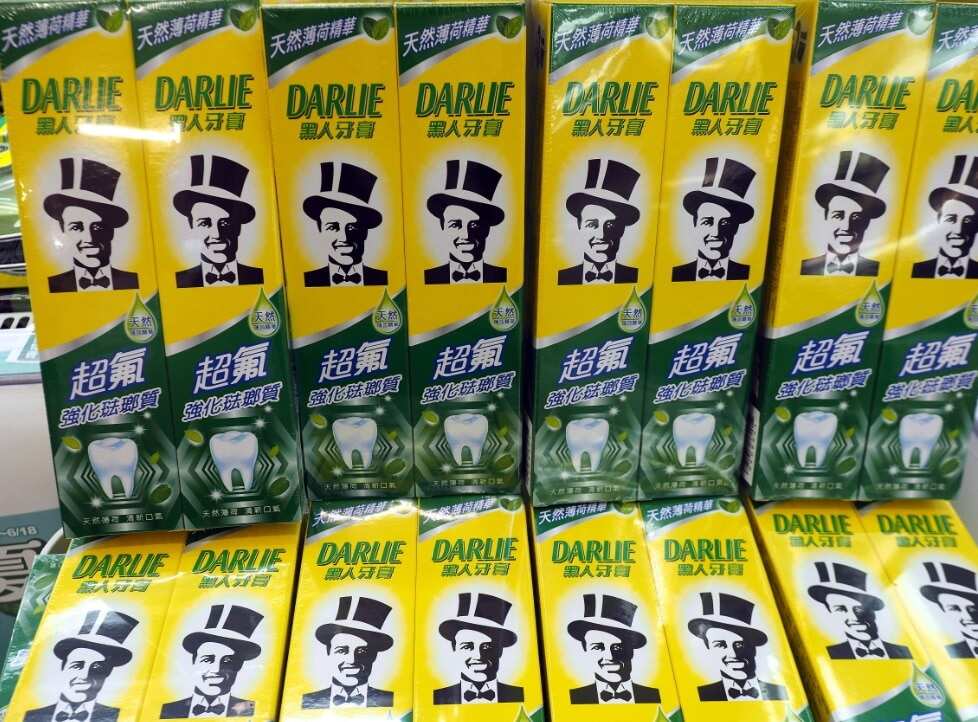 Tubes of 'Darlie Toothpaste' are displayed for sale at a supermarket in Taipei, Taiwan, 10 June 2020.