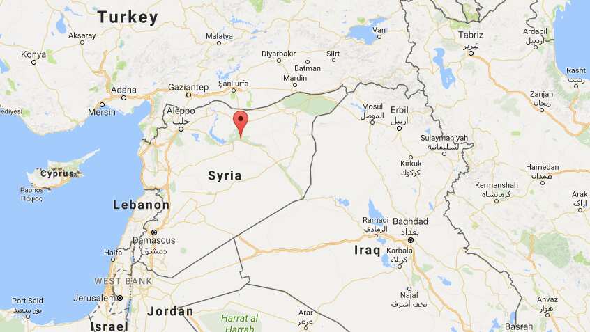 Red marker points to location of Raqqa, in northern Syria.