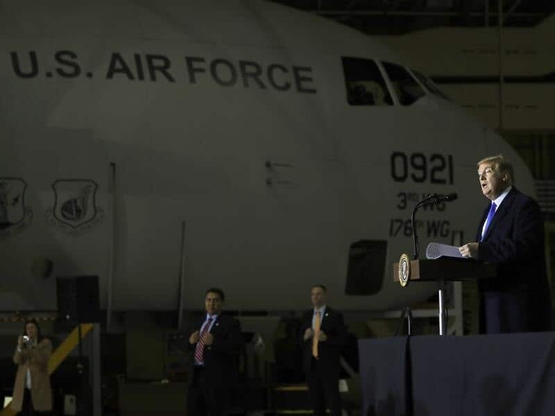 President Trump addresses troops at the Alaskan air base