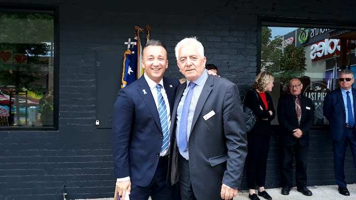 The president of the Oakleigh Community Angelos Sardelis (R) and Monash Mayor Paul Klisaris