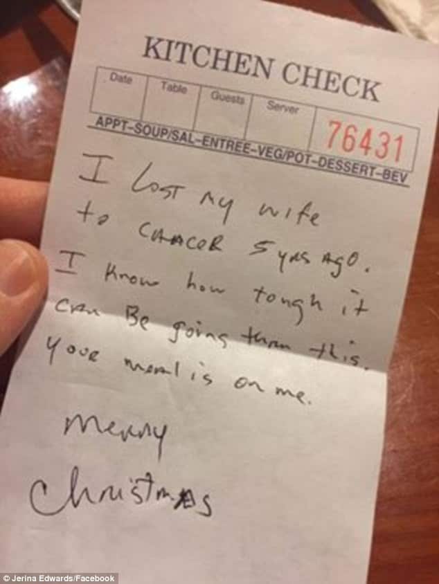Kindhearted: The stranger wrote this note to Ms Edwards offering to pay for her meal   