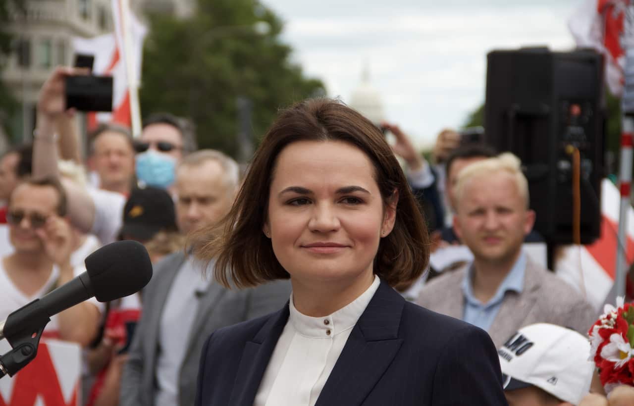 WASHINGTON, D.C., USA JULY 18, 2021: Belarusian opposition leader Svetlana Tikhanovskaya looks on during a meeting with her supporters. Vladislav Pavlov/TASS/Sipa USA