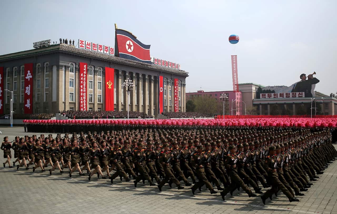 Soldiers march across Kim Il Sung Square during a military parade on Saturday, April 15, 2017, in Pyongyang, North Korea