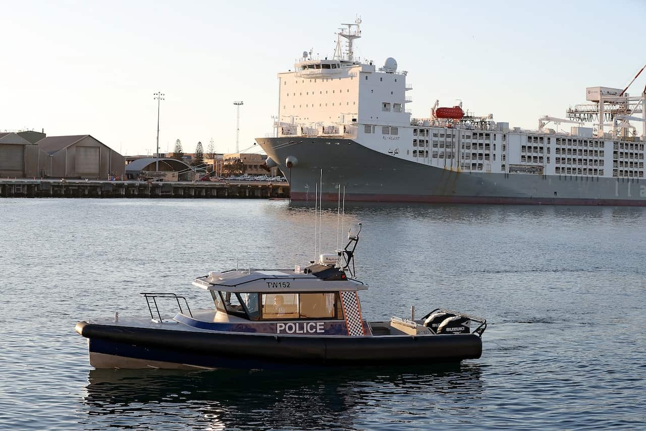 A police boat oversees sheep being loaded onto the Al Kuwait live export ship in Fremantle harbour, 16 June 2020.