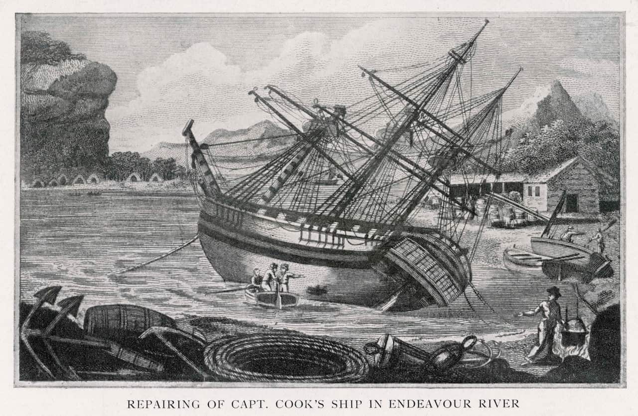 Repairs being carried out on  Cook's ship the Endeavour.         Date: circa 1770