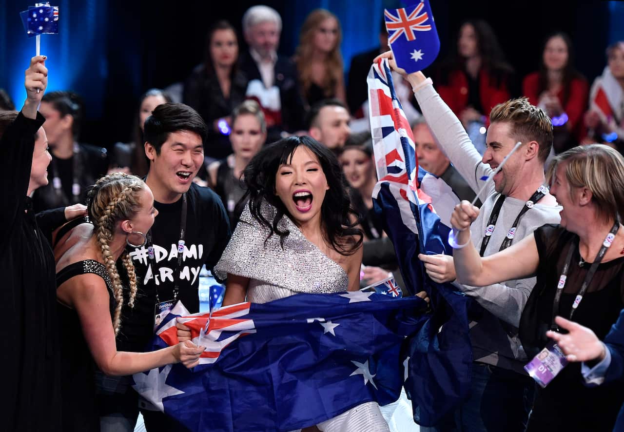 Australia's Dami Im celebrates during the semi-final of the 2016 contest