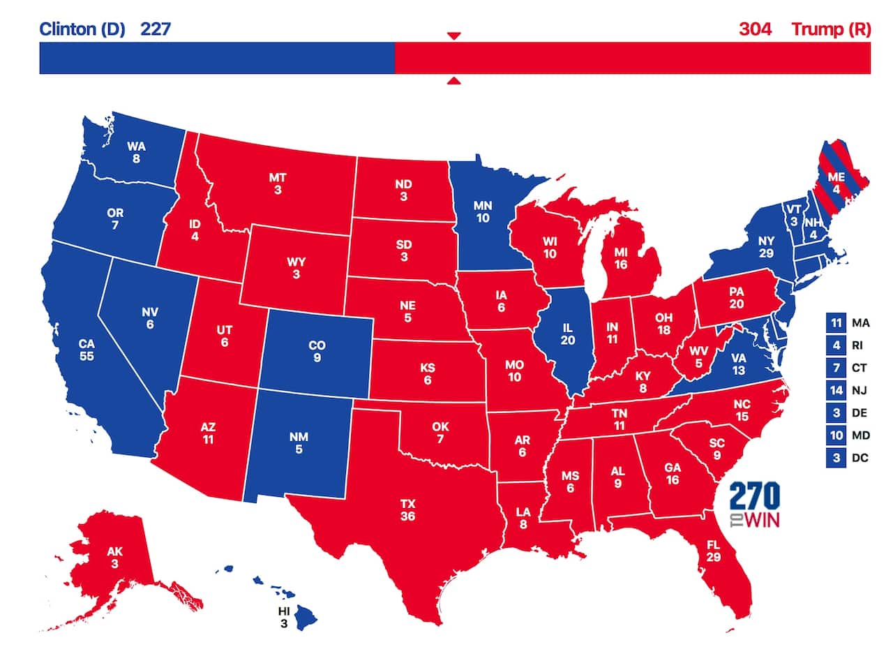 Map showing the electoral votes of US states and how they voted in 2016.