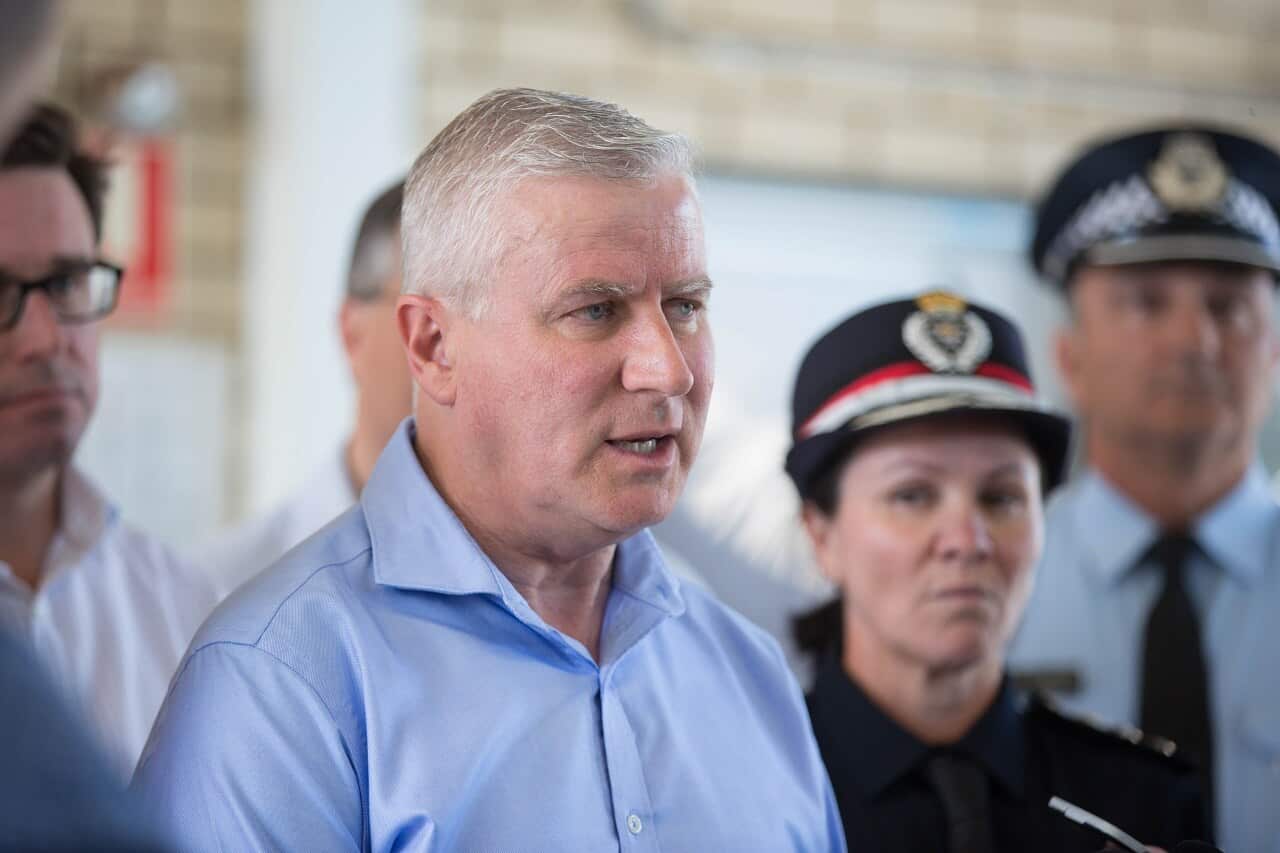 Michael McCormack speaks at the Queensland Fire and Emergency Services Deployment Centre in Warana.