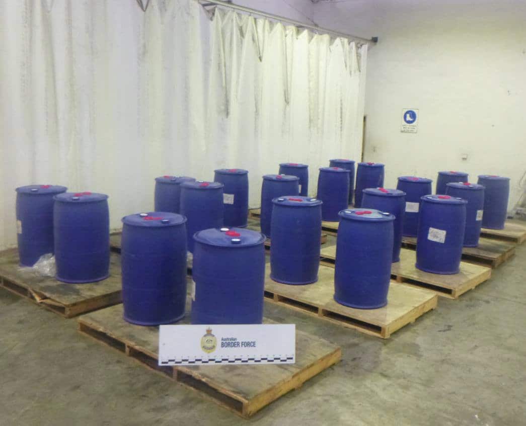 20 blue drums labelled as 'liquid fertilizer' arrived in Sydney from China.