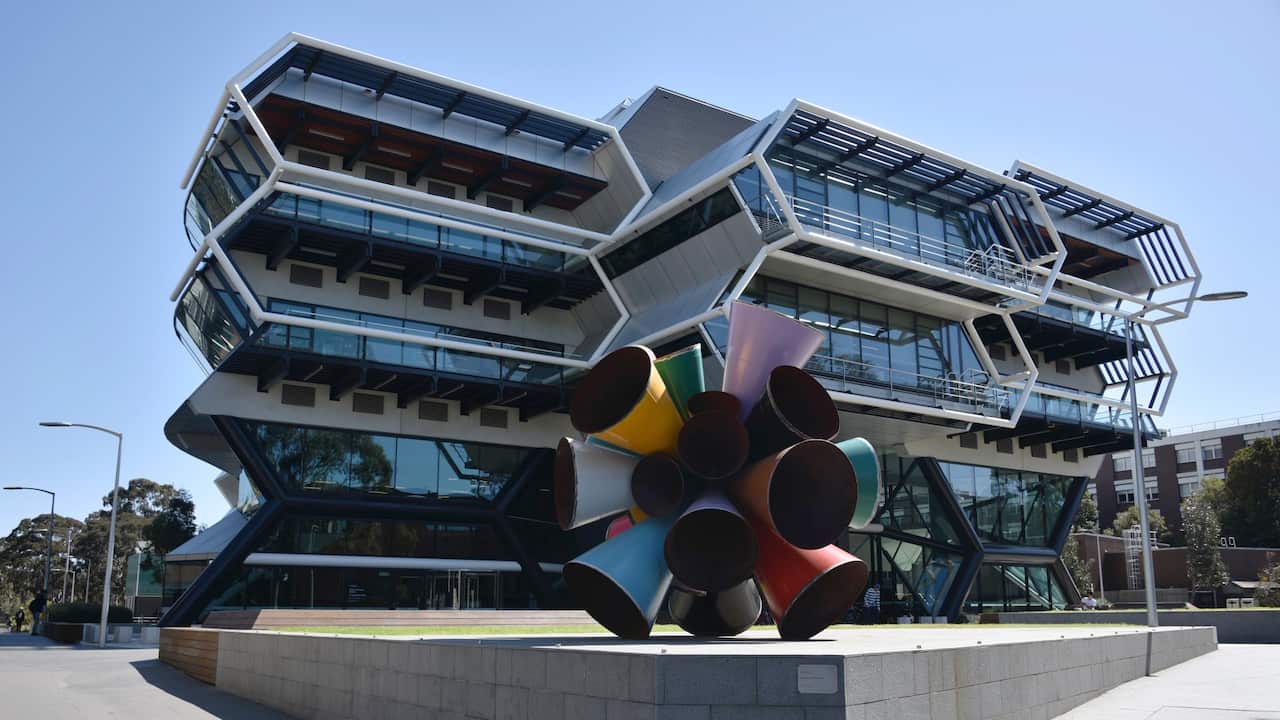 Green Chemical Futures Building_Monash University, Clayton. Chemistry teaching and Research Building at Monash University. Architect: Lyons 2015 Scupture - Built Unbuilt Unbuildable : James Angus. Commissioned by the Monash University Museum of Art (MUM