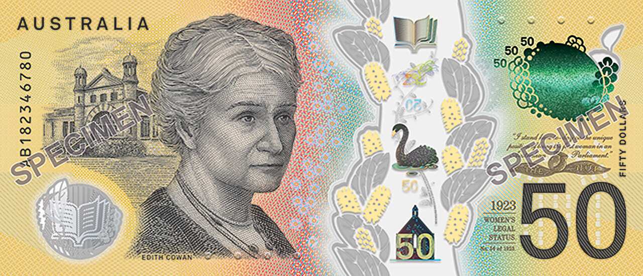 Supplied undated image of a portrait of Edith Cowan, the first female member of an Australian parliament, on the new $50 bank note.
