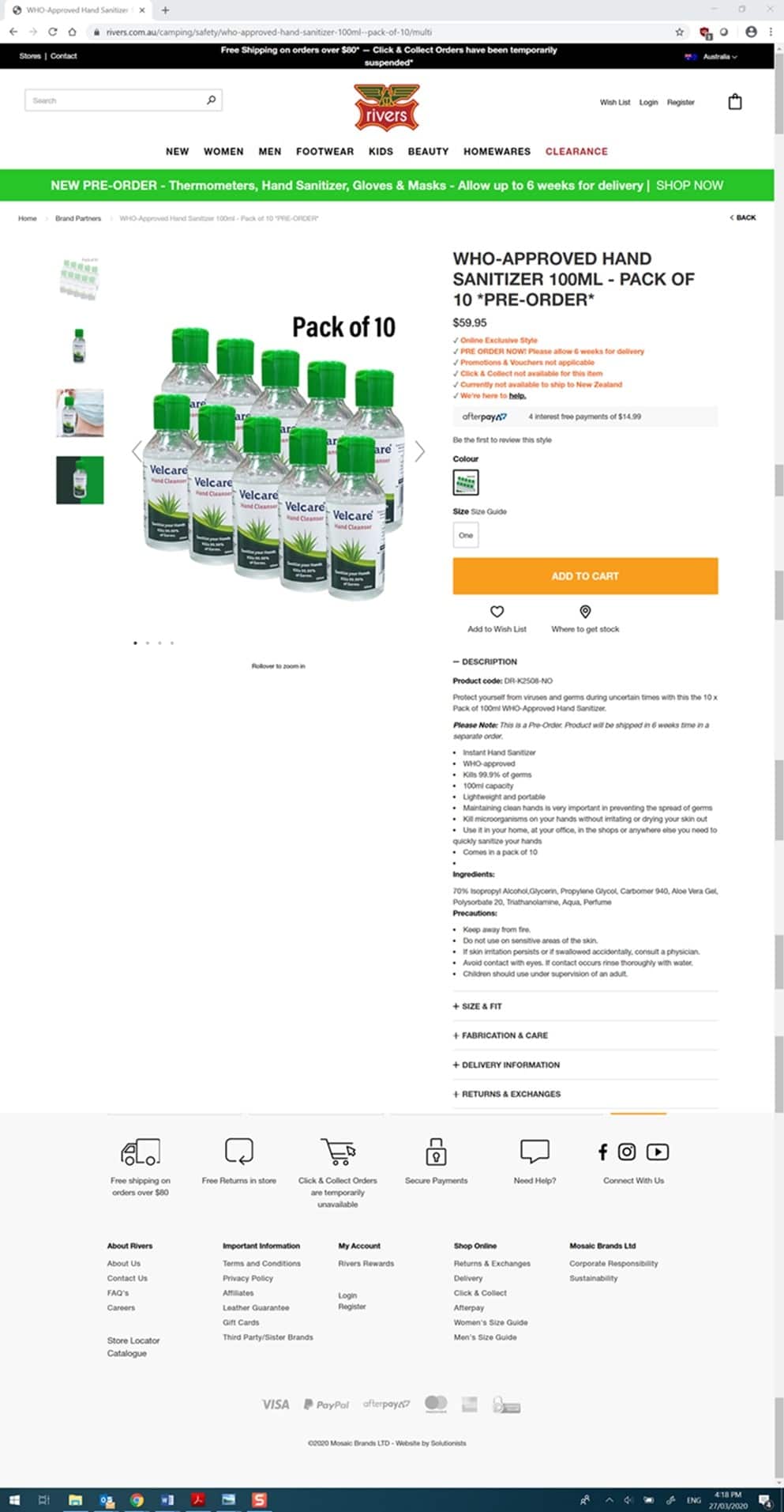 The Velcare hand sanitiser was falsely advertised as being World Health Organization approved.