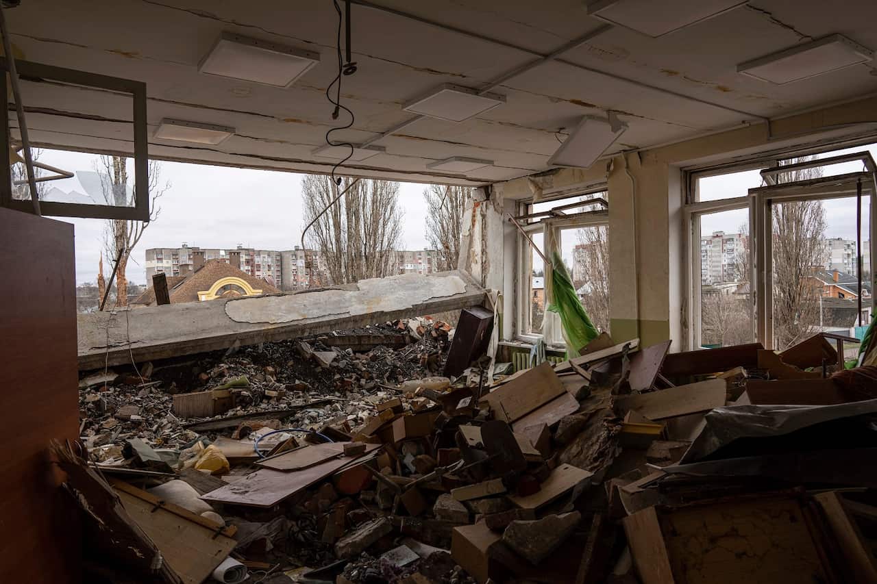 A view of a school damaged by an airstrike by Russian forces in Chernihiv, Ukraine