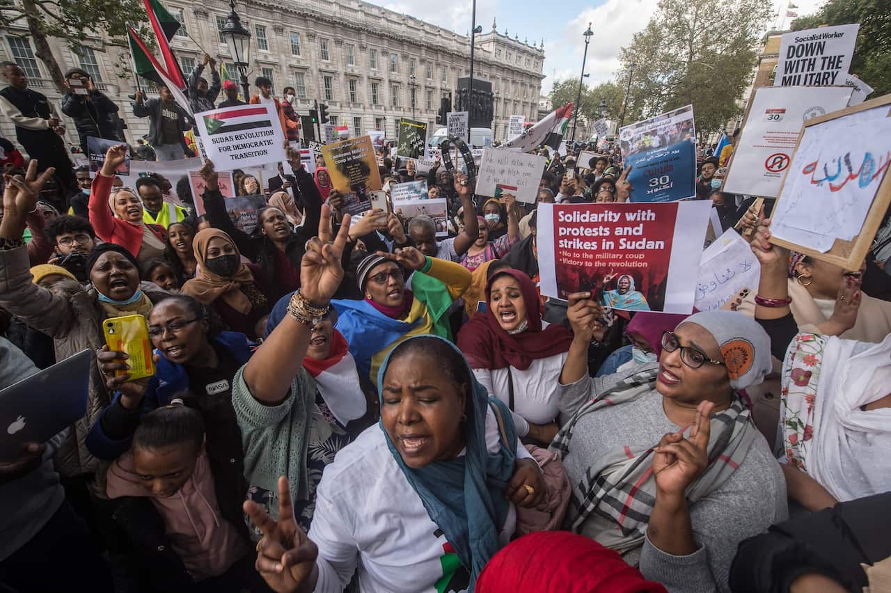 Sudanese diaspora based in the UK protest against military rule in Sudan, on Whitehall, near Downing street on 30 October, 2021 in London, England.