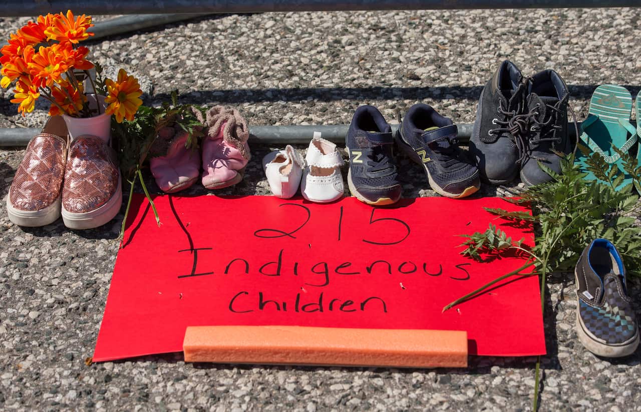Part of a small Toronto memorial honouring the recently discovered mass grave at the Kamloops Residential School.