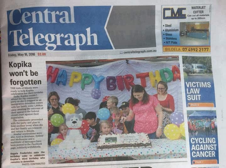 Celebrations for Kopika's birthday in Biloela featured on the front page of the local paper. 