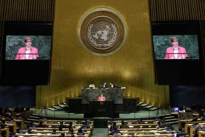 Australia's Foreign Minister Marise Payne addresses the 73rd session of the United Nations General Assembly Friday, Sept. 28, 2018.