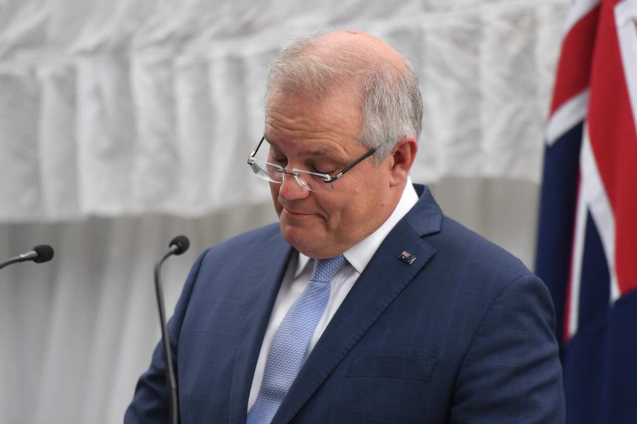 Prime Minister Scott Morrison gets emotional after speaking about his father at a 2019 Australian of the Year finalist morning tea at The Lodge on Saturday. 