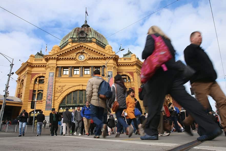 A crowd outside Melbourne's Flinders Street Station.
