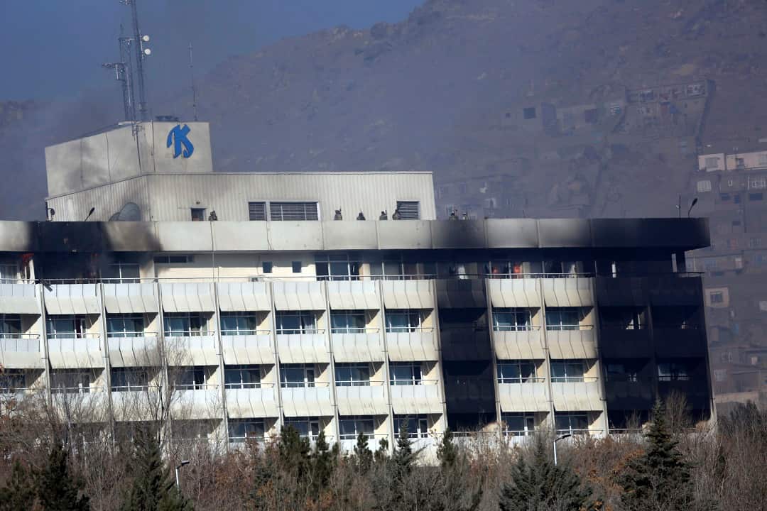 Afghan security personnel are seen at the roof of Intercontinental Hotel after an attack in Kabul, Afghanistan, 21 January, 2018.