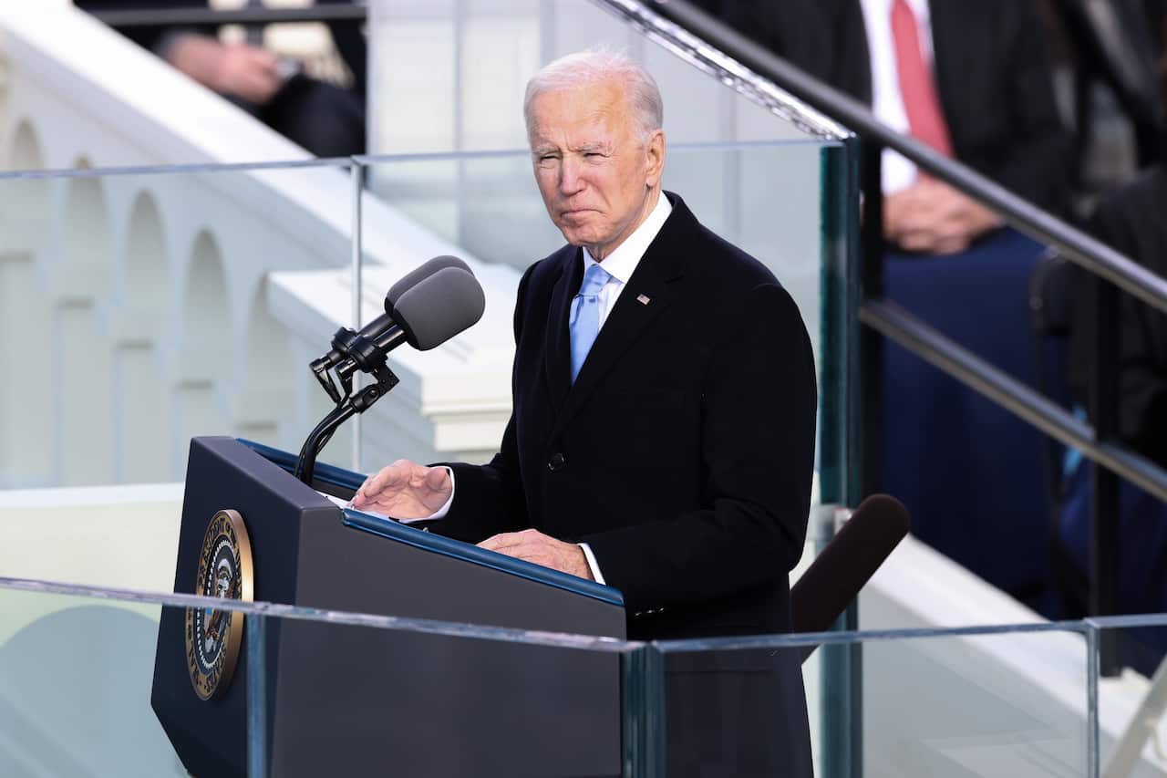 President Joe Biden gives a speech during the Inauguration Day ceremony