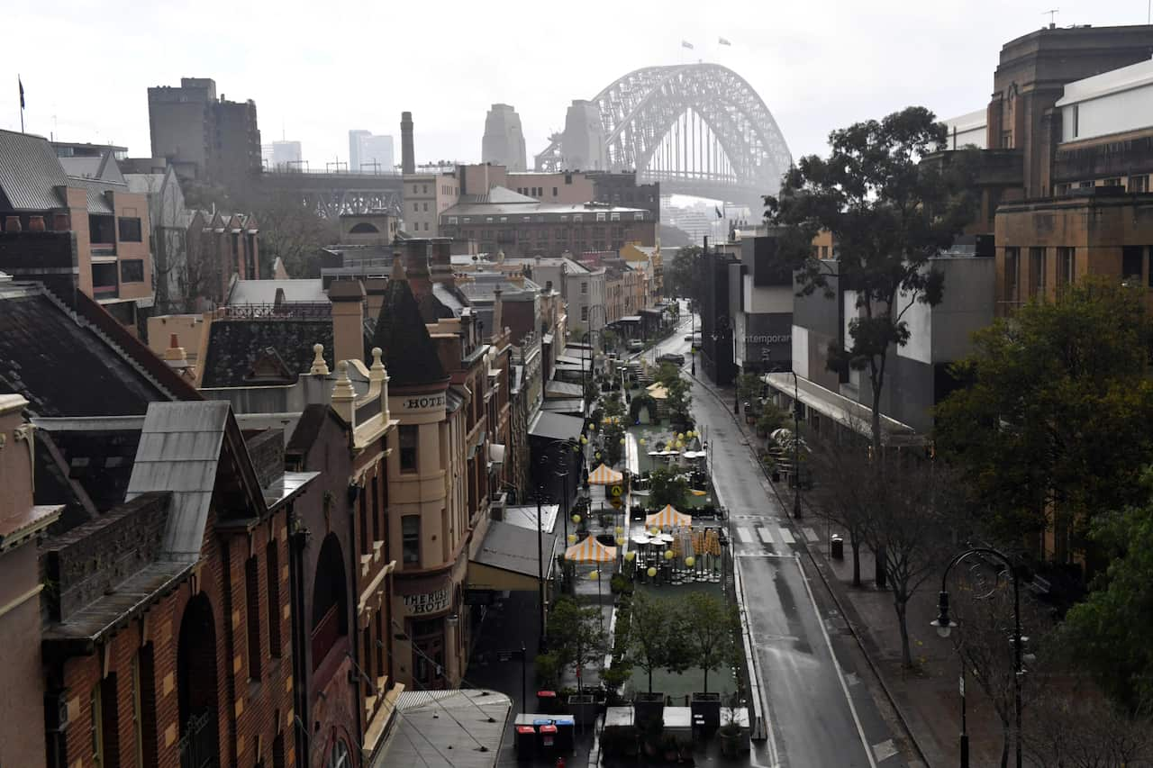 George Street in The Rocks is seen empty in Sydney amid a coronavirus lockdown on Tuesday, 29 June, 2021. 