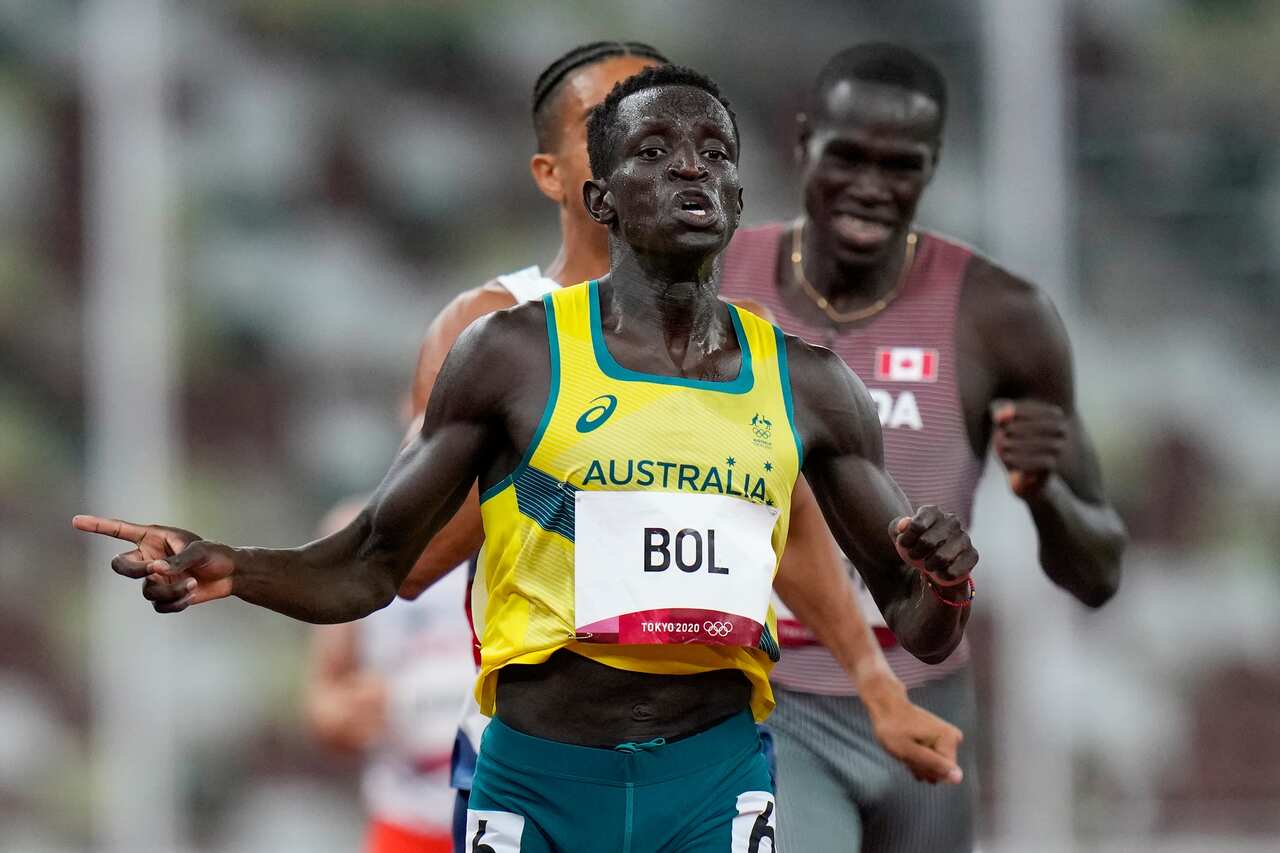 Peter Bol, of Australia, wins a men's 800-metre semifinal at the 2020 Summer Olympics, Sunday, 1 August 2021, in Tokyo.