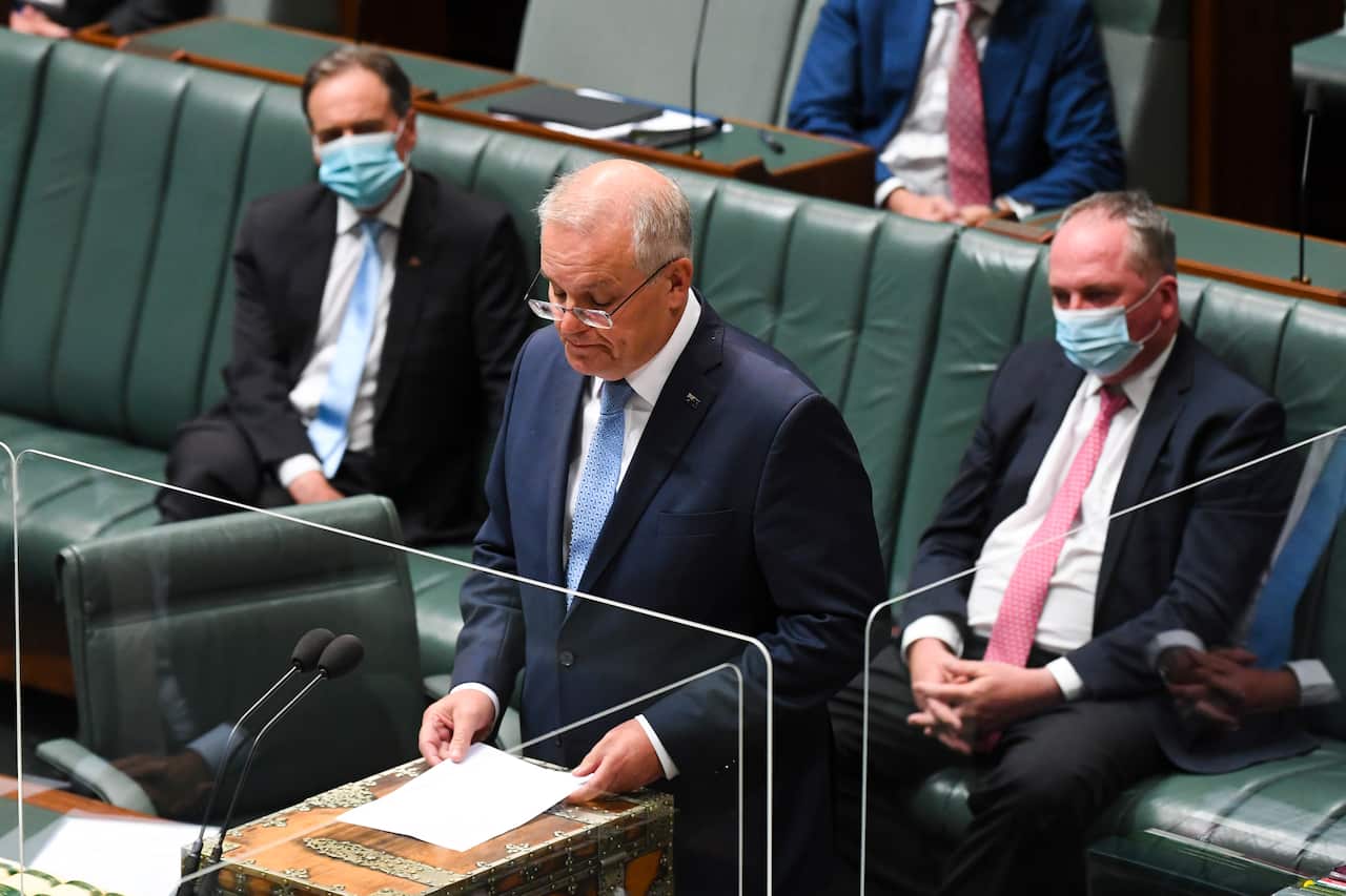 Prime Minister Scott Morrison speaks to a statement of acknowledgment of harassment in the workplace of Commonwealth Parliament.