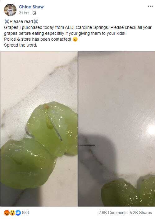Melbourne woman finds metal object in ALDI grapes