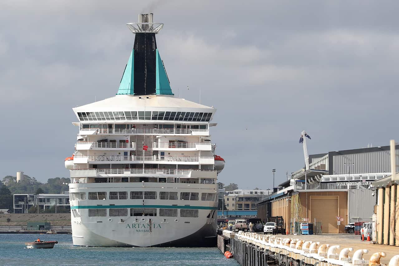The cruise ship Artania is seen docked in Fremantle harbour.