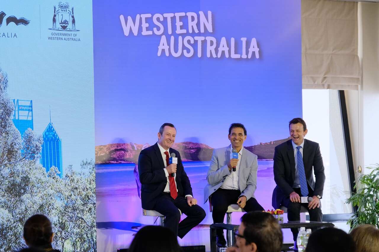 Premier Mark McGowan, Cricket commentator Harsha Bhogle and Australian cricketer Adam Gilchrist in Delhi