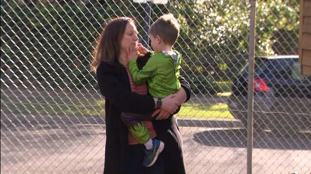 Jess O'Bryan with her son at childcare.