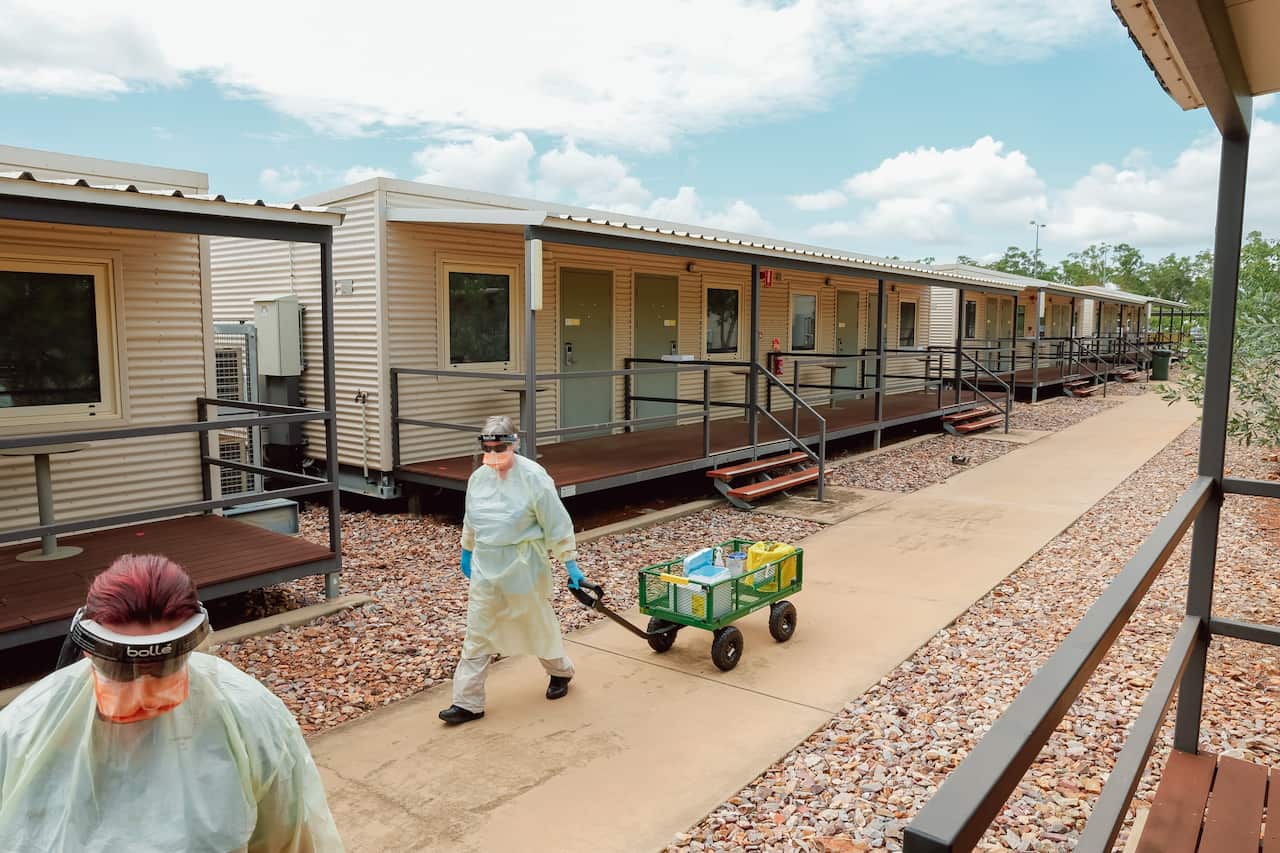 Staff seen during a swabbing run at the Howard Springs quarantine facility in Darwin, Thursday, 14 January, 2021.
