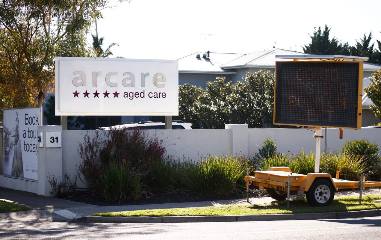 Signage outside the Arcare aged care facility in Maidstone, where a worker has tested positive to COVID-19 on 30 May, 2021.