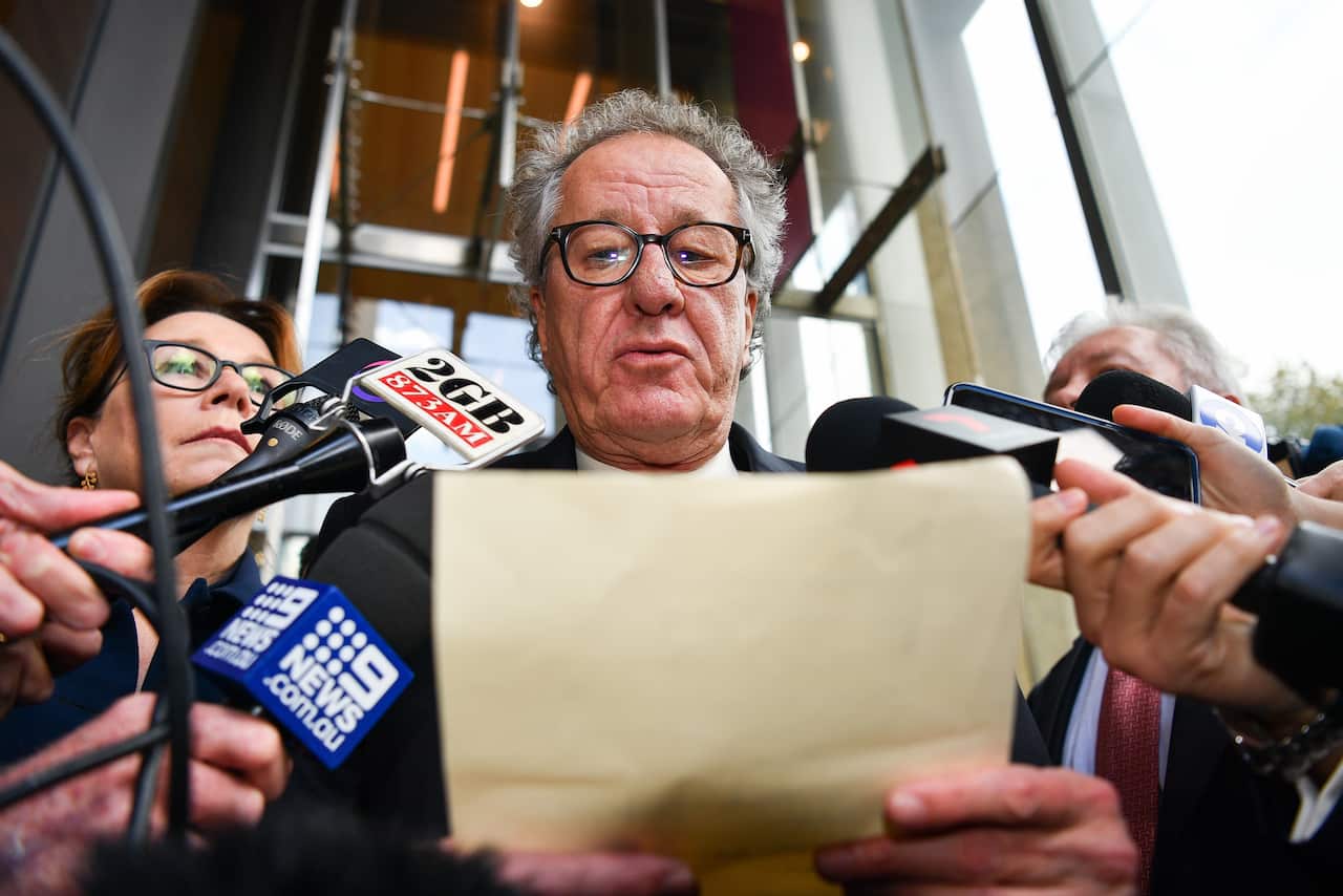 Australian actor Geoffrey Rush speaks to the media following the decision. 